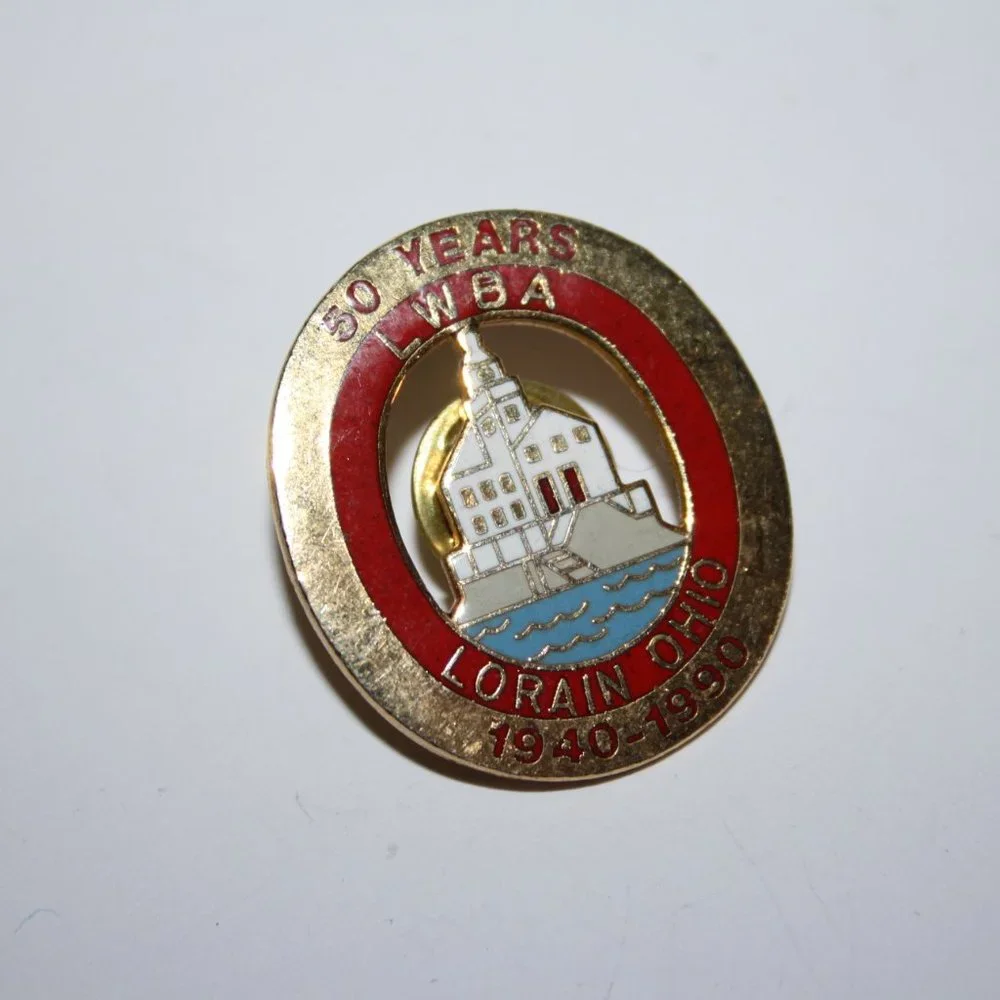 Gold and red lapel pin 50 years LWBA Lorain Ohio 1940-1990 1.25